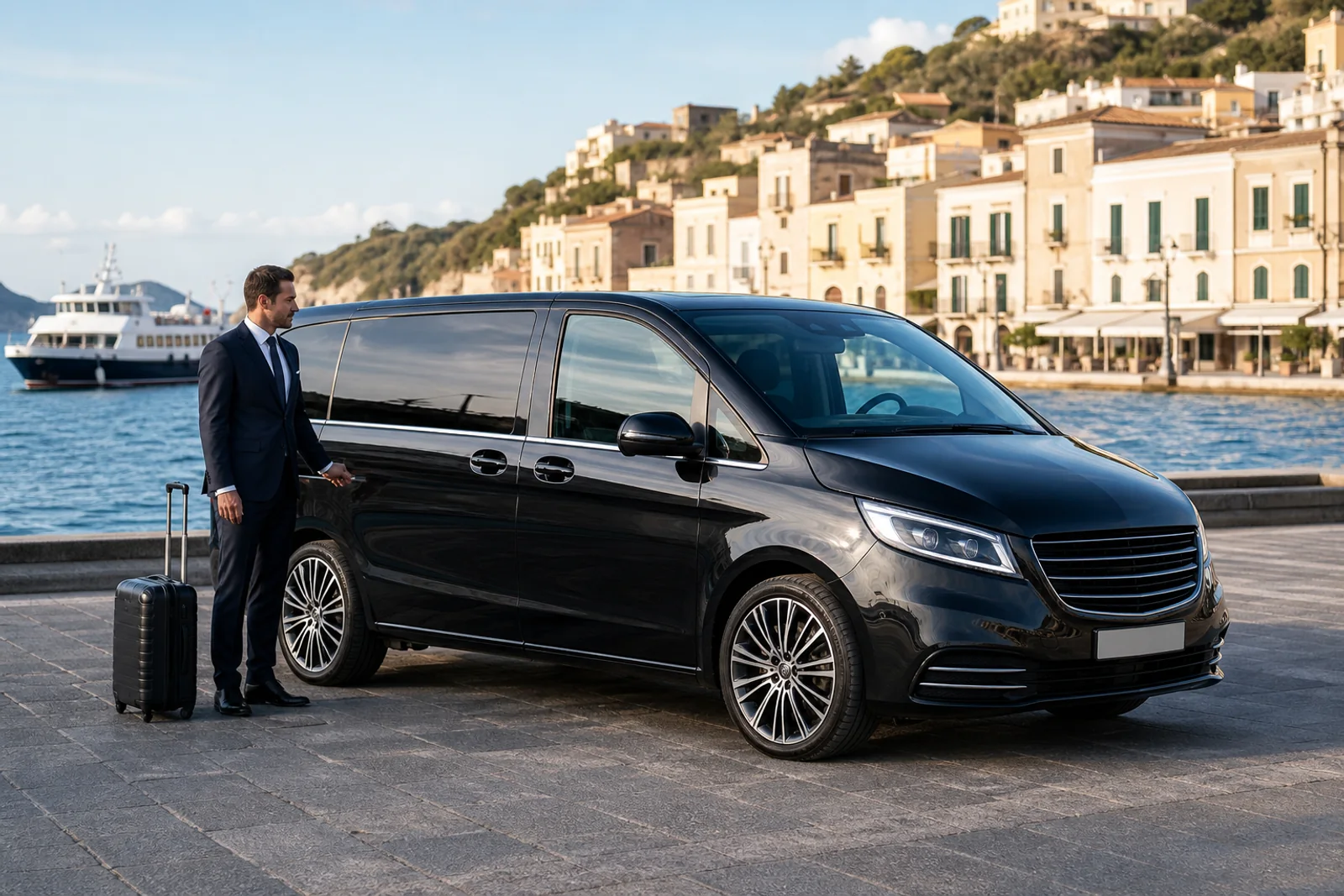 Illustrative image of a black van with a driver and luggage at a Mediterranean harbour